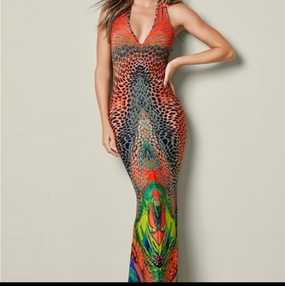 Nwot Multi Colored Multi Print Backless Maxi Dress - image 1